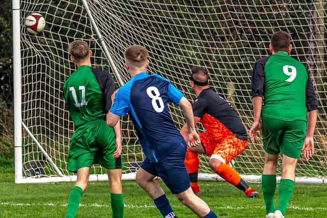 Kieran Wade makes it 2-0 to Whitby Fisherman's Society Academy at Fishburn Park Academy. PHOTO BY BRIAN MURFIELD