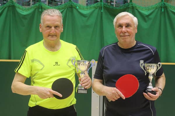 Chris Deegan, left, and Paul Senior, Brazil, winners of the Brid Table Tennis League 2024 International Doubles event. PHOTOS: TONY WIGLEY