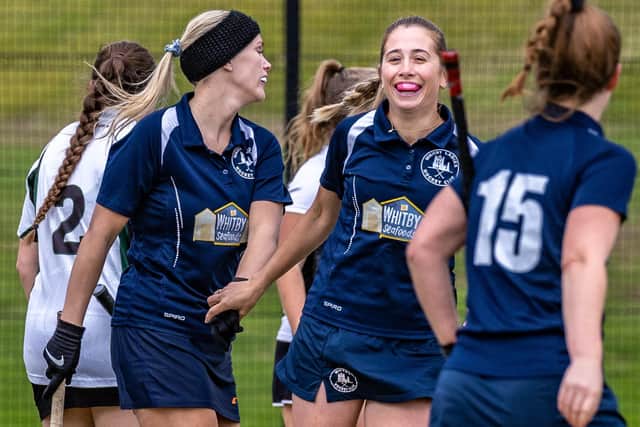 Whitby Ladies celebrate their winning goal at home to Marton Furness. Photo by Brian Murfield