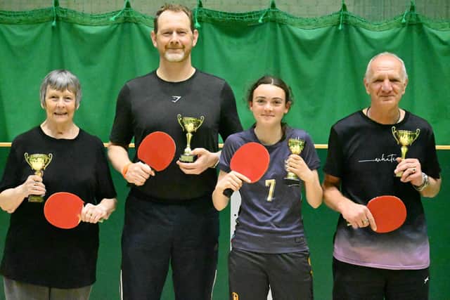 Division 2 2026 doubles finalists, from left, Tina Crockford, Jon Bell, Lacey Mills and Kevin Raynor. Photo by Tony Wigley