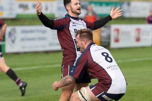 Rhys Davies celebrates his try, which put Scarborough 28-20 ahead v Sandal.