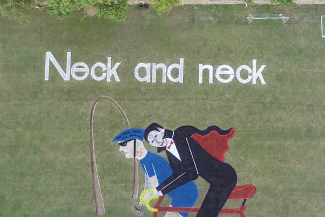 The Hawsker-cum-Stainsacre School Dracula-themed Neck and Neck land art welcomes Tour of Britain cyclists.
Taken from video footage by KWD Aerial Photography.