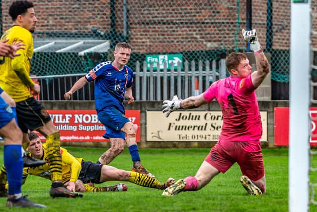 Harry Green levels the scores at 1-1 for Whitby Town in their final game of the NPL Premier Division season against Belper Town. PHOTOS BY BRIAN MURFIELD