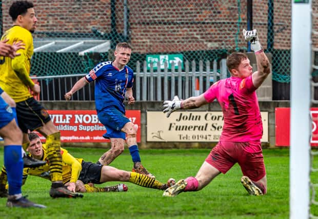 Harry Green levels the scores at 1-1 for Whitby Town in their final game of the NPL Premier Division season against Belper Town. PHOTOS BY BRIAN MURFIELD
