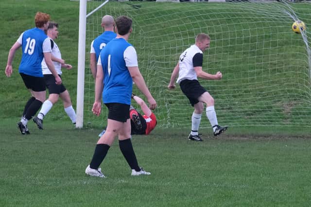 Scalby celebrate a goal during their 3-0 ER League Division 1 win at Newb. Photo by Richard Ponter