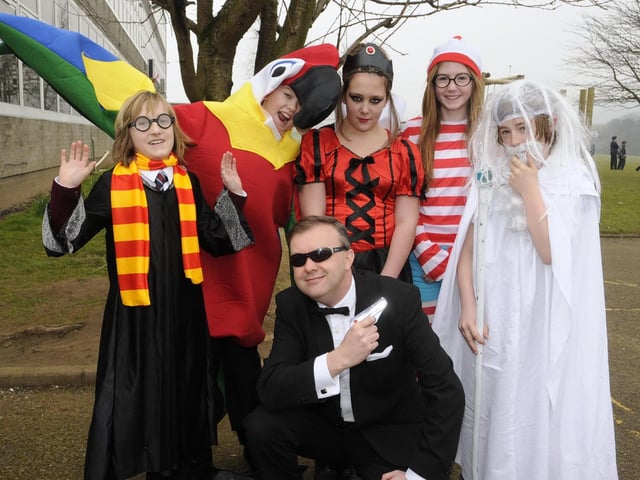 World Book Day at Lower Graham School, 2013, assistant head Bill Stuart, front with back from left ,Milosz Bulinski, Evan Campion, Rhianna Laing, Amy Smith and Tommy Wightman.