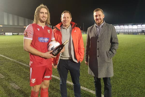 The Betton Wines Man of the Match for the game against Kidderminster was awarded to Kieran Burton chosen by new stand sponsors Fortus Advisors