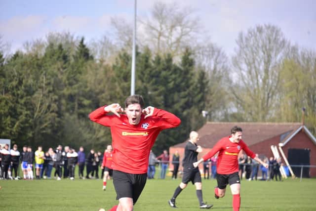 Jason Barnes celebrates scoring Town's second goal in the 2-0 home win against title rivals Sculcoates on Saturday. Photo by Andy Nelson photography