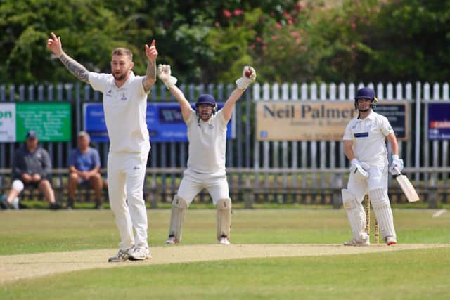 Bridlington's Calum Hatton is snared leg-before by Grant Van Es. Photo by TCF Photography