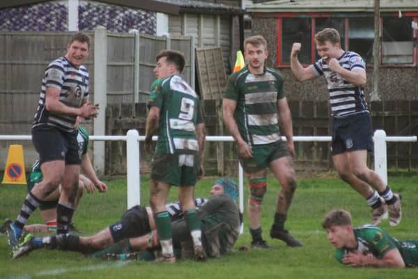 Pocklington celebrate as Rob Boddy crosses for their final try at Beverley.