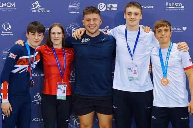 From left, The Scarborough Gymnastics Academy stars who represented GB at the European TeamGym Championships, Rory Sadler, Emily Hunt, Joseph Fishburn, Brodie Aziz and Jacob Bland. Sadler and Bland won bronze medals.