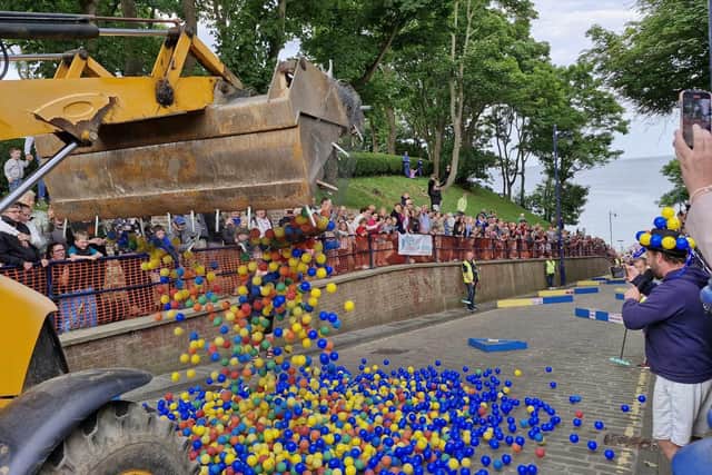 Filey Lions sent 3000 balls bouncing down Cargate Hill to raise money for the community. Photo courtesy of Jim Towey.