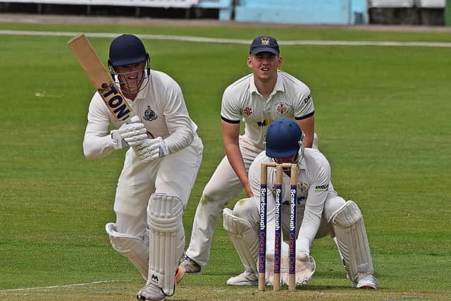 Scarborough CC 1sts batsman Harry Walmsley works the ball to long on.