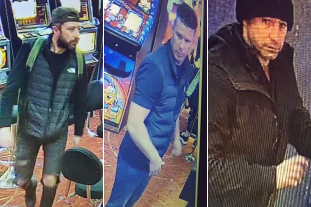 North Yorkshire Police have released images of three men they want to speak to after a series of thefts at an amusement arcade in Scarborough.
