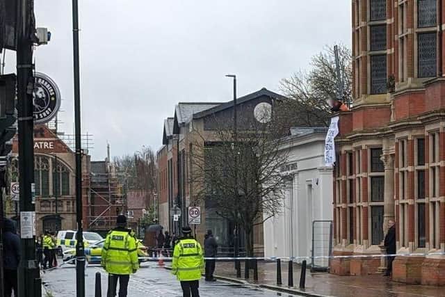 Humberside Police officers in attendance in connection with a man protesting on the roof of County Hall. Picture submitted.