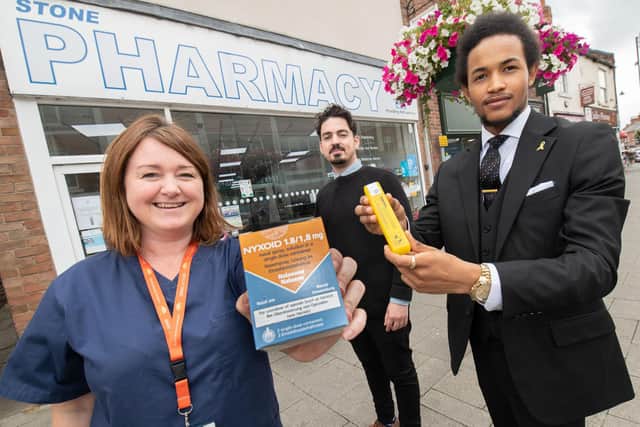North Yorkshire Horizons nurse Emma Newlove with pharmacist Edris Mahmud and dispenser Nathaniel Harris at Stone pharmacy.
