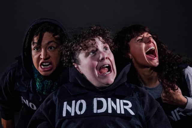 All three actors showing the chaotic mix of joy and anger felt throughout the film. Credit: Ro Murphy