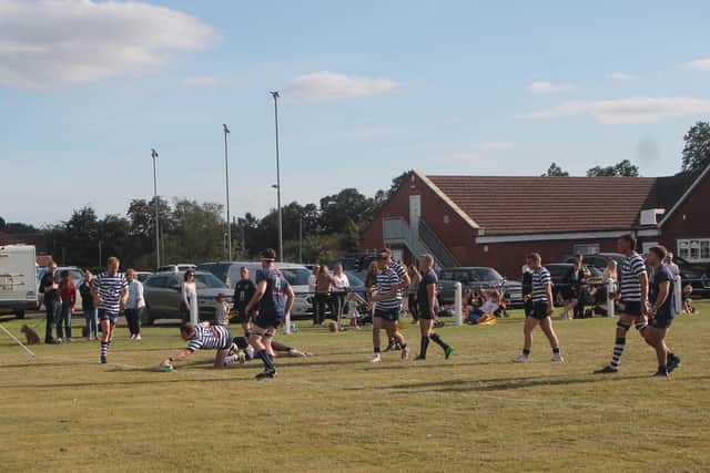 James Thompson marks his Pocklington RUFC return with a try in the home hammering of West Leeds. PHOTO BY PHIL GILBANK