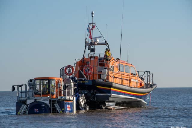 Bridlington RNLI all-weather boat Anthony Patrick Jones launching. Photo: RNLI/Mike Milner