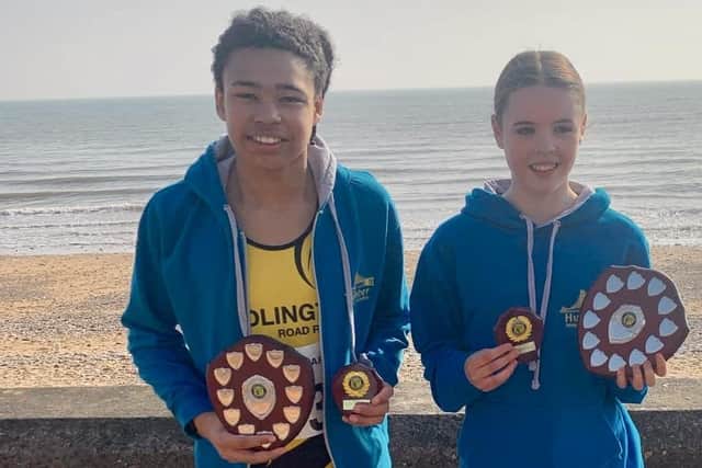 Tyler Choat, left, and Evie Lakes, both earned fourth places overall in the PECO XC League, Tyler in the U13 Boys and Evie in the U16 Girls.
