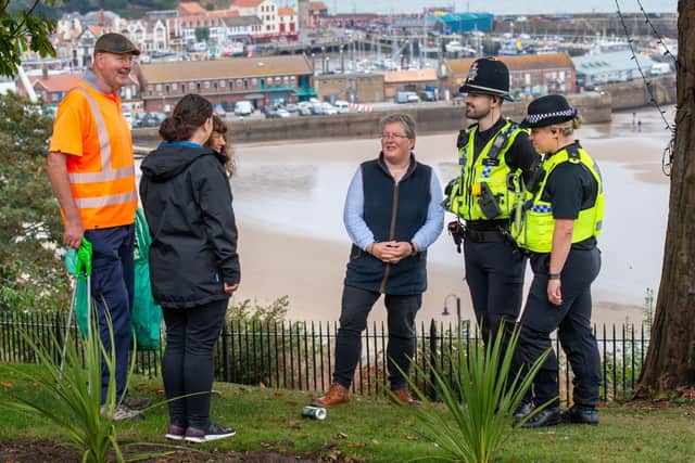 From left to right, North Yorkshire Council street cleansing operative, Andy Young, with North Yorkshire Council’s member for the Castle Division, Cllr Janet Jefferson, senior community safety officer, Rhian Buglass, executive member for corporate services, Cllr Heather Phillips and PCs Simon Hunter and Sophie Milner of North Yorkshire Police ahead of the launch of a new Public Spaces Protection Order (PSPO) in Scarborough.