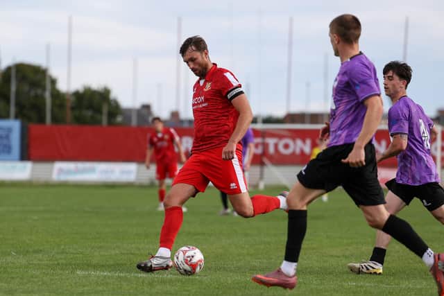 Bridlington Town captain Tom Allan in action against Garforth Town on Monday. Photo by EC Media
