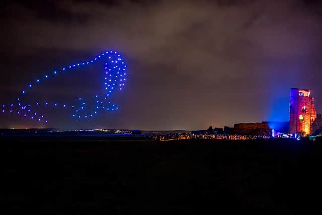 100 drones put on a flying and light display at Scarborough Castle, as part of the new Scarborough Fair season.
picture: Charlotte Graham.