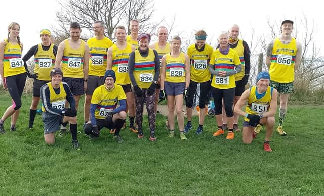 The Scarborough Athletic Club team line up at the East Yorkshire Cross Country League finale at Sewerby.
