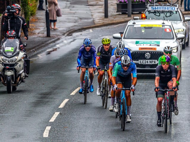Leading cyclists making their way through the centre of Whitby and up Bagdale.
