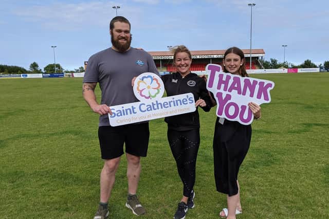 Pictured are David Mort (Valhalla Strength Club), Vicky Boyer (Barons Gym) and Ellie Fry (Saint Catherine’s fundraiser).