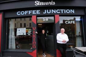 Manager Beth with co-owner Stewart, who are waiting for the final touches to the cafe front to be complete.