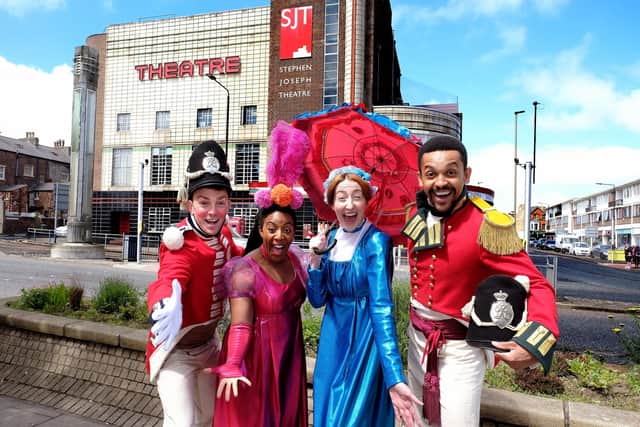 Some members of the cast of Quality Street outside the Stephen Joseph Theatre