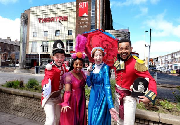 Some members of the cast of Quality Street outside the Stephen Joseph Theatre