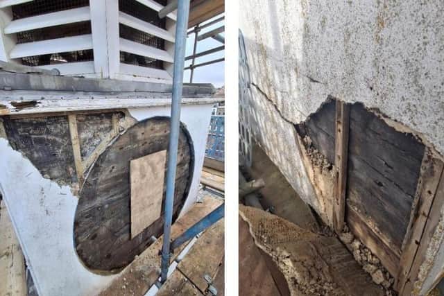Existing sand cement render showing the clock dial recess.