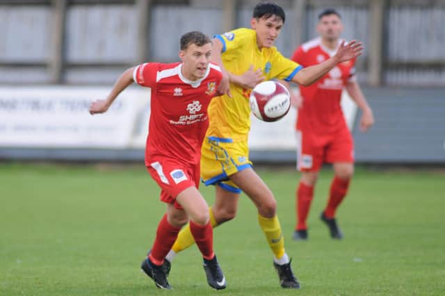 Ellis Barkworth in action for Bridlington Town in their 5-1 win at home against Pickering Town. PHOTOS BY DOM TAYLOR