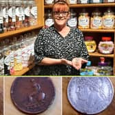 Tracy Sanderson of Hunter's sweet shop with the coins, top, and the coins found in the old till drawer, below.