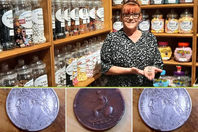 Tracy Sanderson of Hunter's sweet shop with the coins, top, and the coins found in the old till drawer, below.