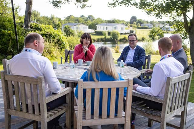 Rachel Reeves meeting staff at Haven\'s Primrose Valley Holiday Park. 
Courtesy Haven.