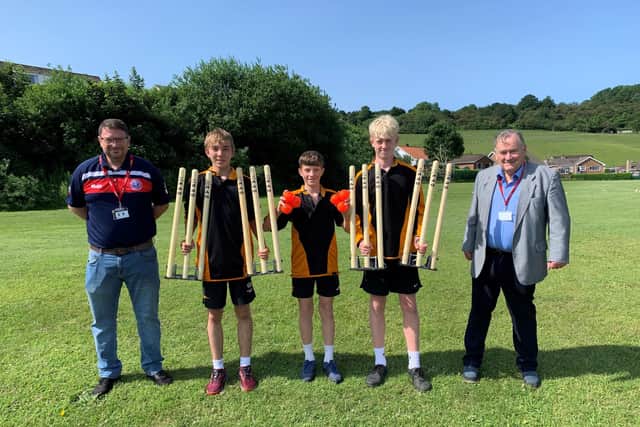 From left, Adam Hutchinson (Wykeham Cricket Club and World Cup Legacy), St Augustine's School students Tom Gormley, Oscar Jennison, Edward Chamberlain, Richard Grunwell (World Cup Legacy
