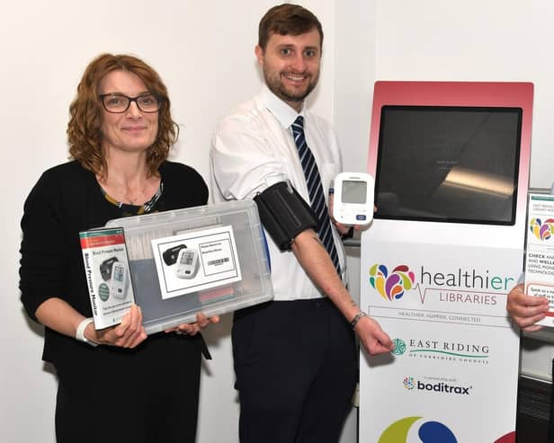 Launching the new blood pressure machine scheme are, from left, librarian Kimberley Harston, Councillor Nick Coultish and Andy Kingdom, East Riding of Yorkshire Council’s director of public health.