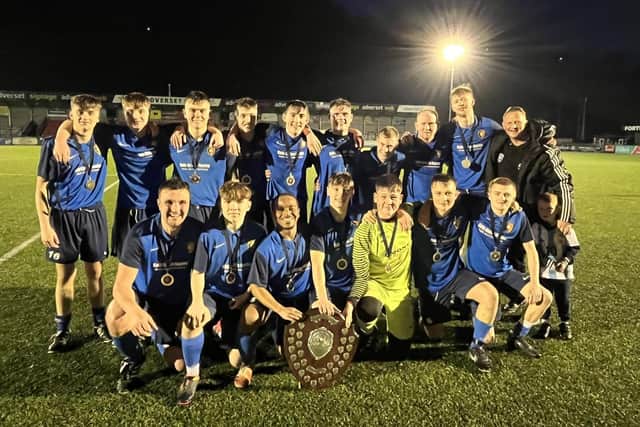 Edgehill Reserves celebrate winning the Frank White Trophy final 3-0 against Scalby on Friday evening.