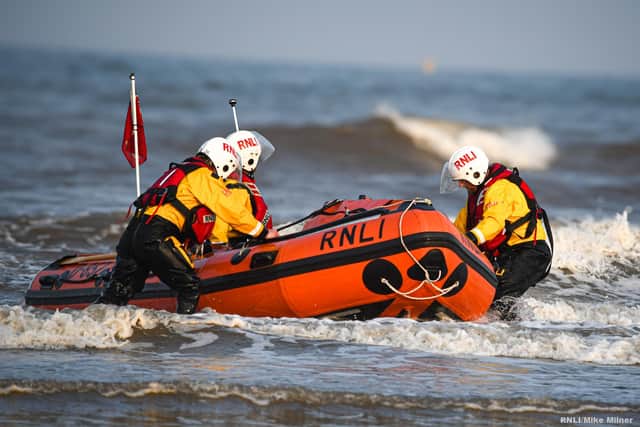 Bridlington RNLI inshore lifeboat returns to beach after tasking. Photo courtesy of RNLI/Mike Milner.