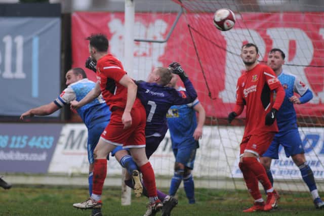 Winterton Rangers defend a Bridlington Town corner during their 2-0 loss to the Seasiders. PHOTOS BY DOM TAYLOR