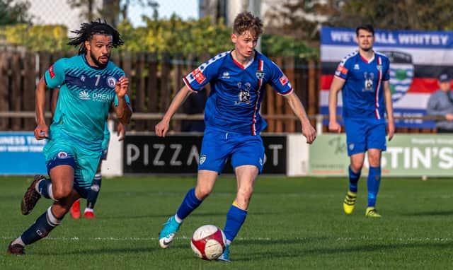 Harvey Tomlinson in action for Whitby Town in their 1-0 home loss against fellow strugglers Stalybridge Celtic PHOTO BY BRIAN MURFIELD
