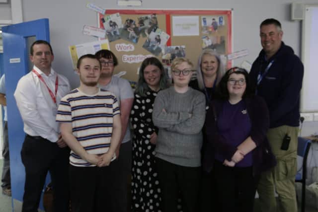 From left to right: Simon Starling Yorkshire Care Group, Students Kieran Lewis, Matthew Dunderdale, Georgie Youngson, David Hancock, Springhead School Careers Coordinator Anne Jack, Student Louise Hamilton, Deputy Headteacher Paul Wilson