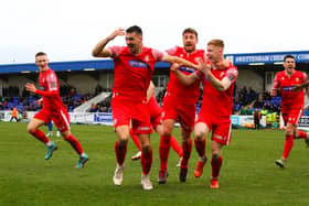 Boro players celebrate their late leveller at Chester last season. The Seadogs will kick off their pre-season programme at home to Selby on Tuesday night.