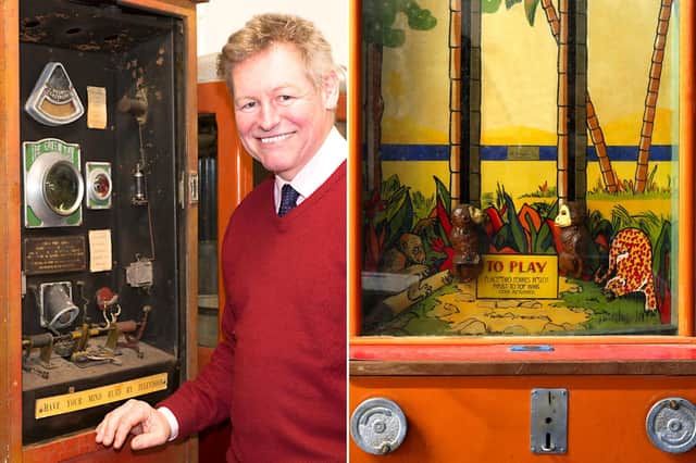 Left: Auctioneer James Laverack gets his mind read by television rays! Right: The Wright & Son Climbing Monkeys slot machine - one of only a handful of survivors.