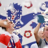England striker Beth Mead, of Hinderwell near Whitby, celebrates with the UEFA Women's EURO 2022 Trophy at Wembley Stadium.  
Photo by Leon Neal/Getty Images.