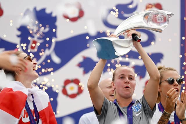 England striker Beth Mead, of Hinderwell near Whitby, celebrates with the UEFA Women's EURO 2022 Trophy at Wembley Stadium.
Photo by Leon Neal/Getty Images.