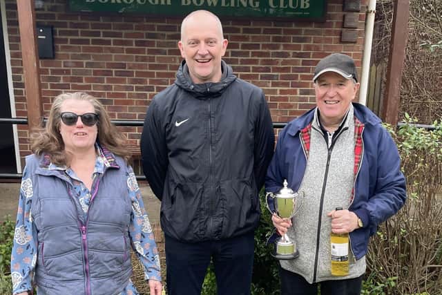 Borough President Andy Adamson presents Robin Daplyn and Sue Wilkinson with their prizes.